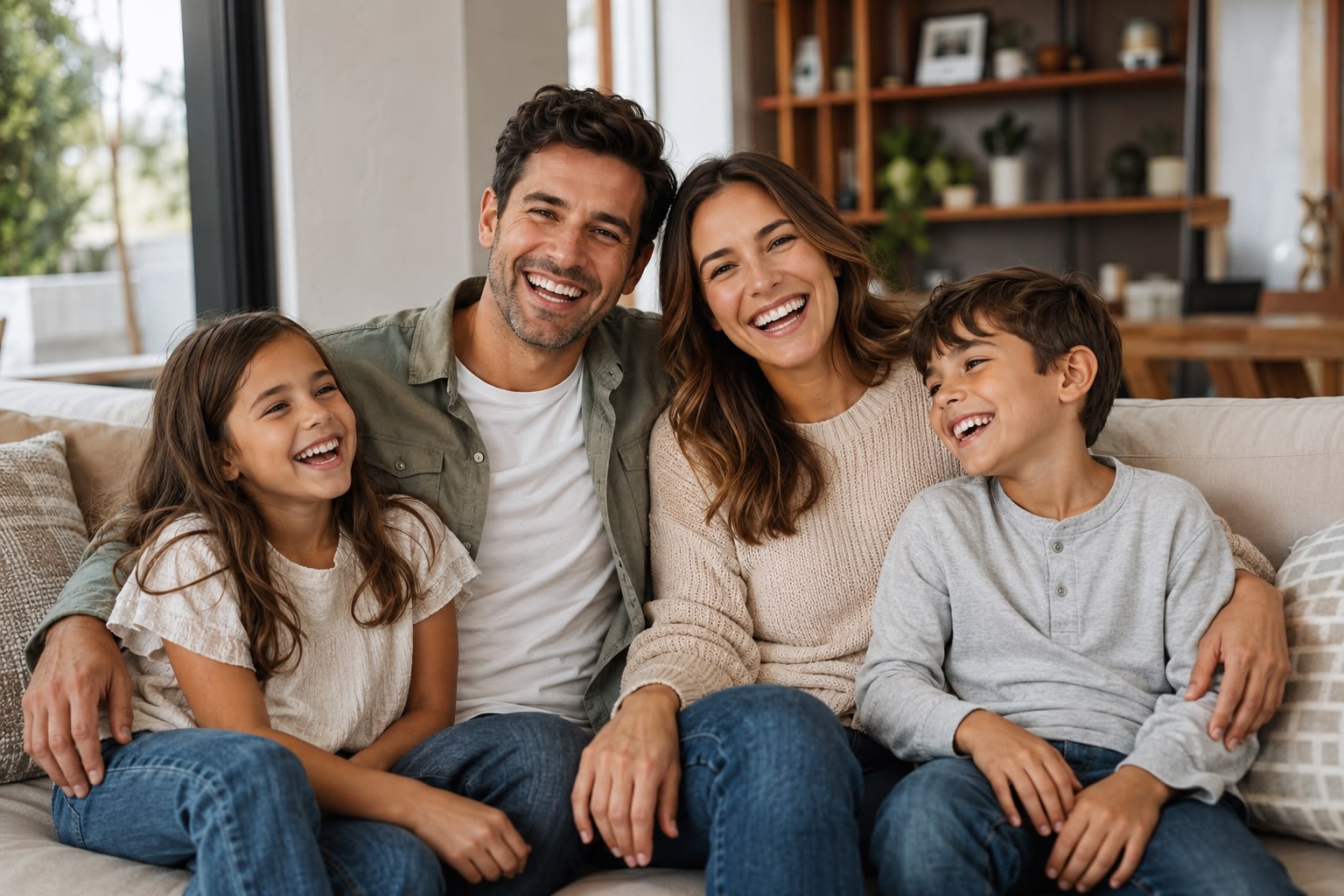 Smiling family at home — mobile dental hygiene care for all ages in Brantford